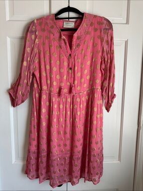 NWOT Cecilie Pink Chiffon Gold-Print Women's Boho Style 3/4 Sleeve Dress